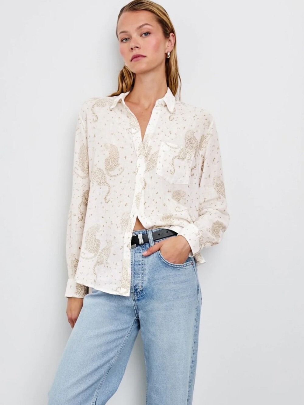 Rails Charli Cheetah Spots Linen Blend Button Down Shirt Size Medium